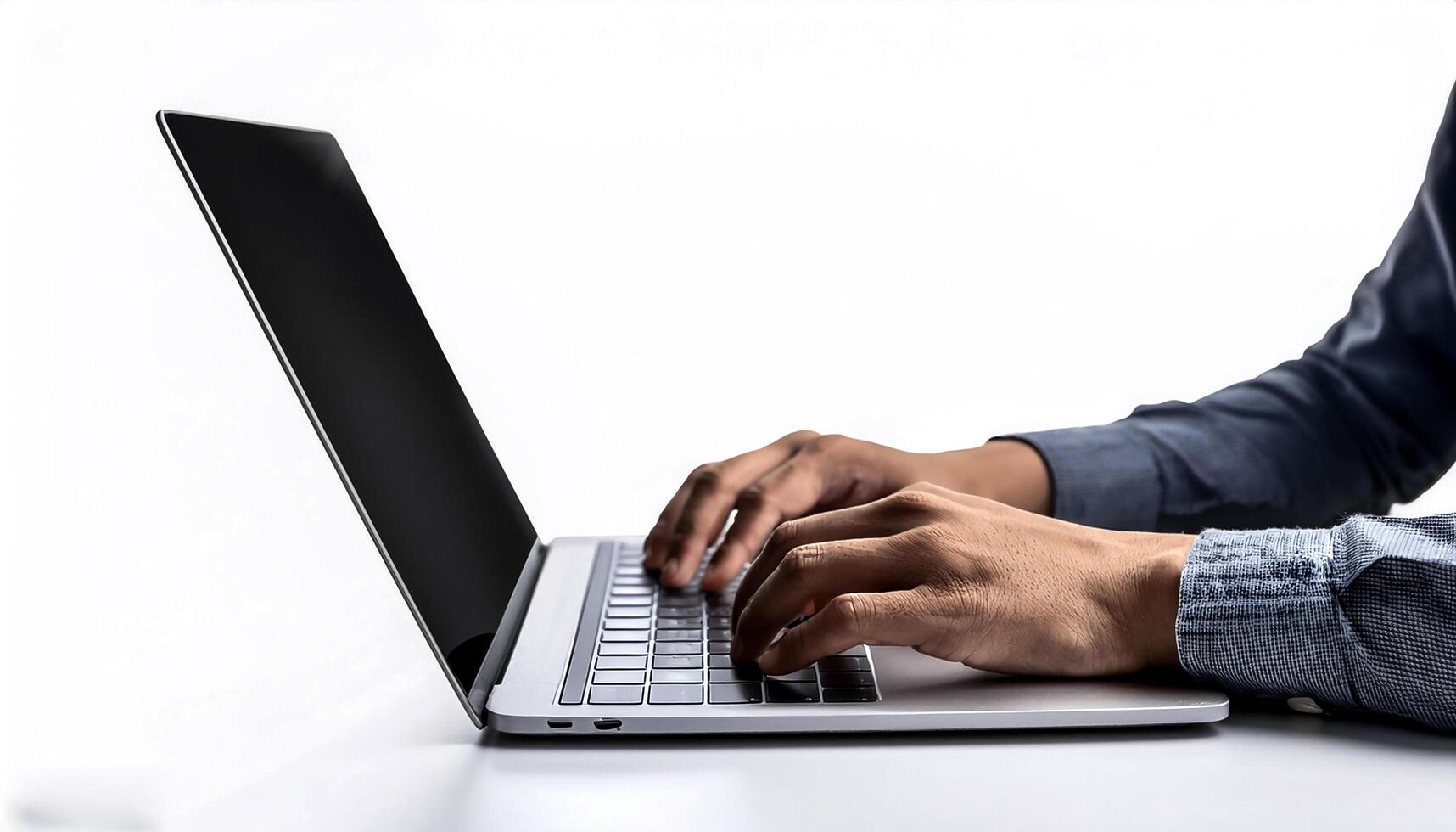 close up casual hand typing on laptop computer isolated on white background photo