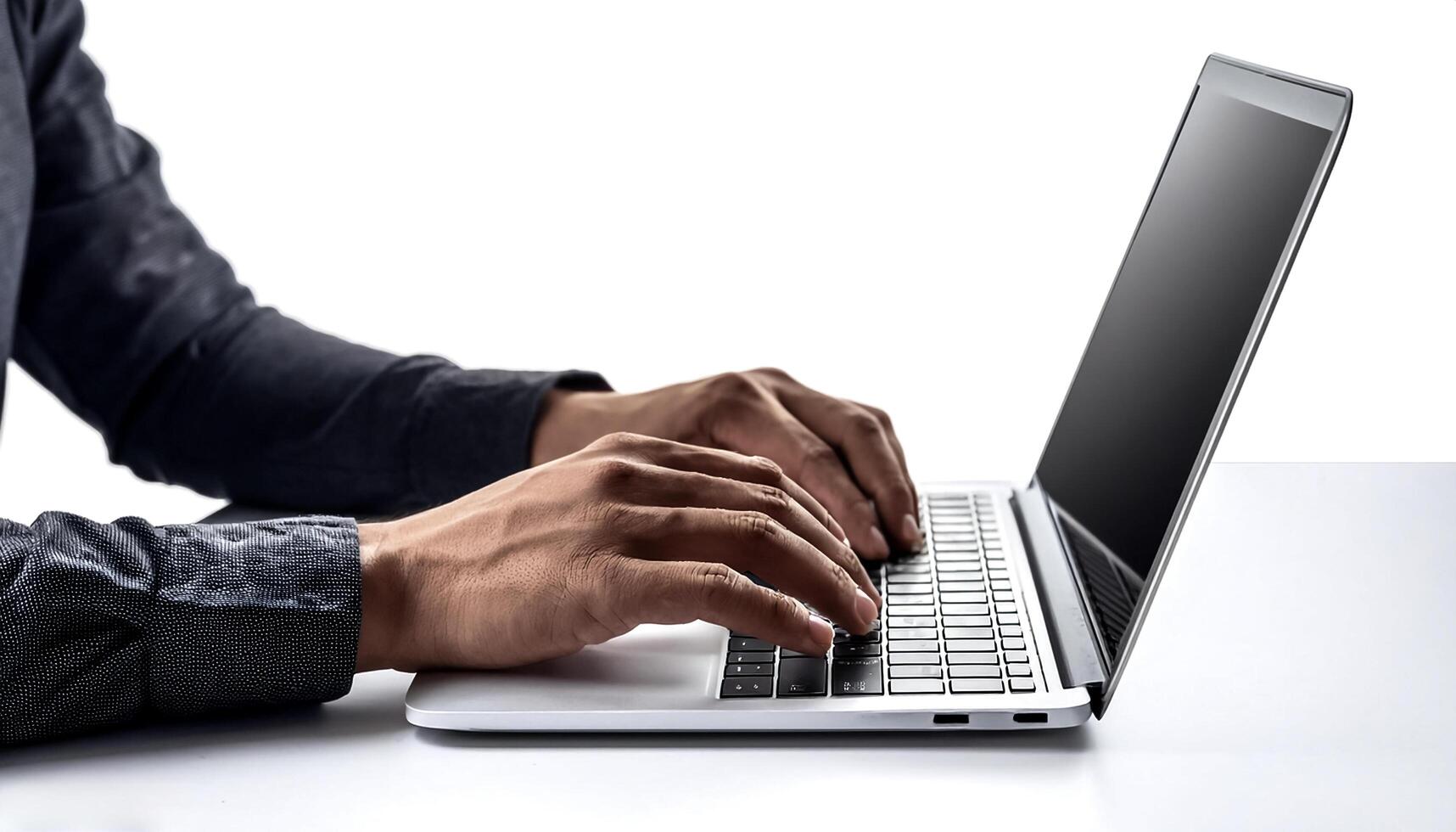 close up casual hand typing on laptop computer isolated on white background photo