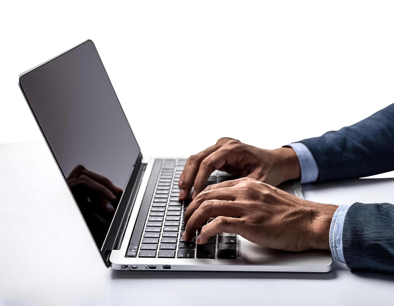 close up casual hand typing on laptop computer isolated on white background photo