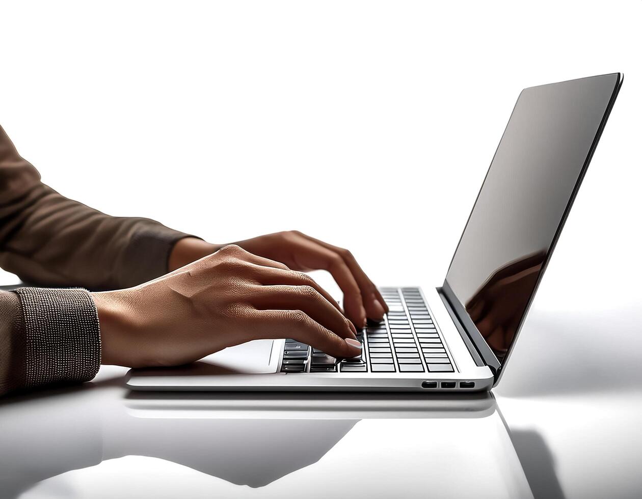 close up casual hand typing on laptop computer isolated on white background photo