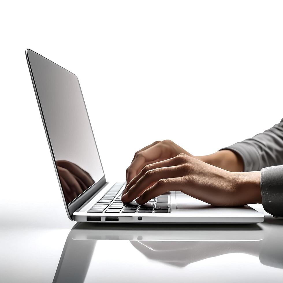 close up casual hand typing on laptop computer isolated on white background photo
