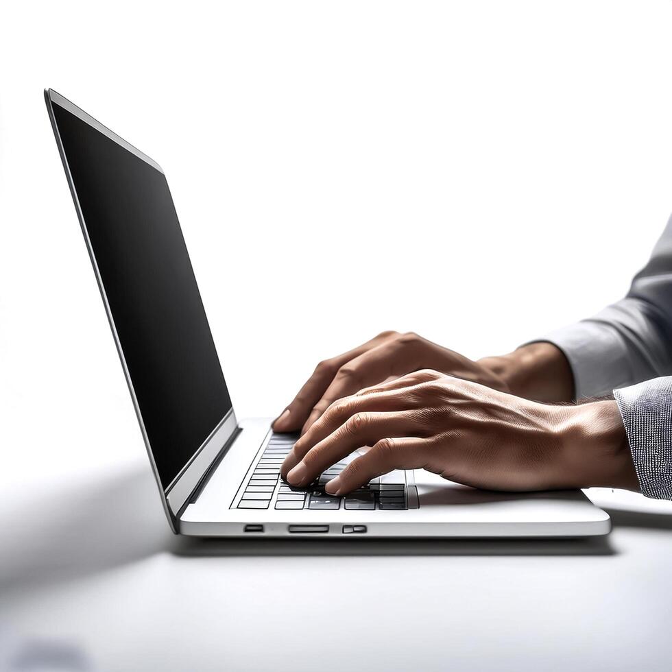 close up casual hand typing on laptop computer isolated on white background photo