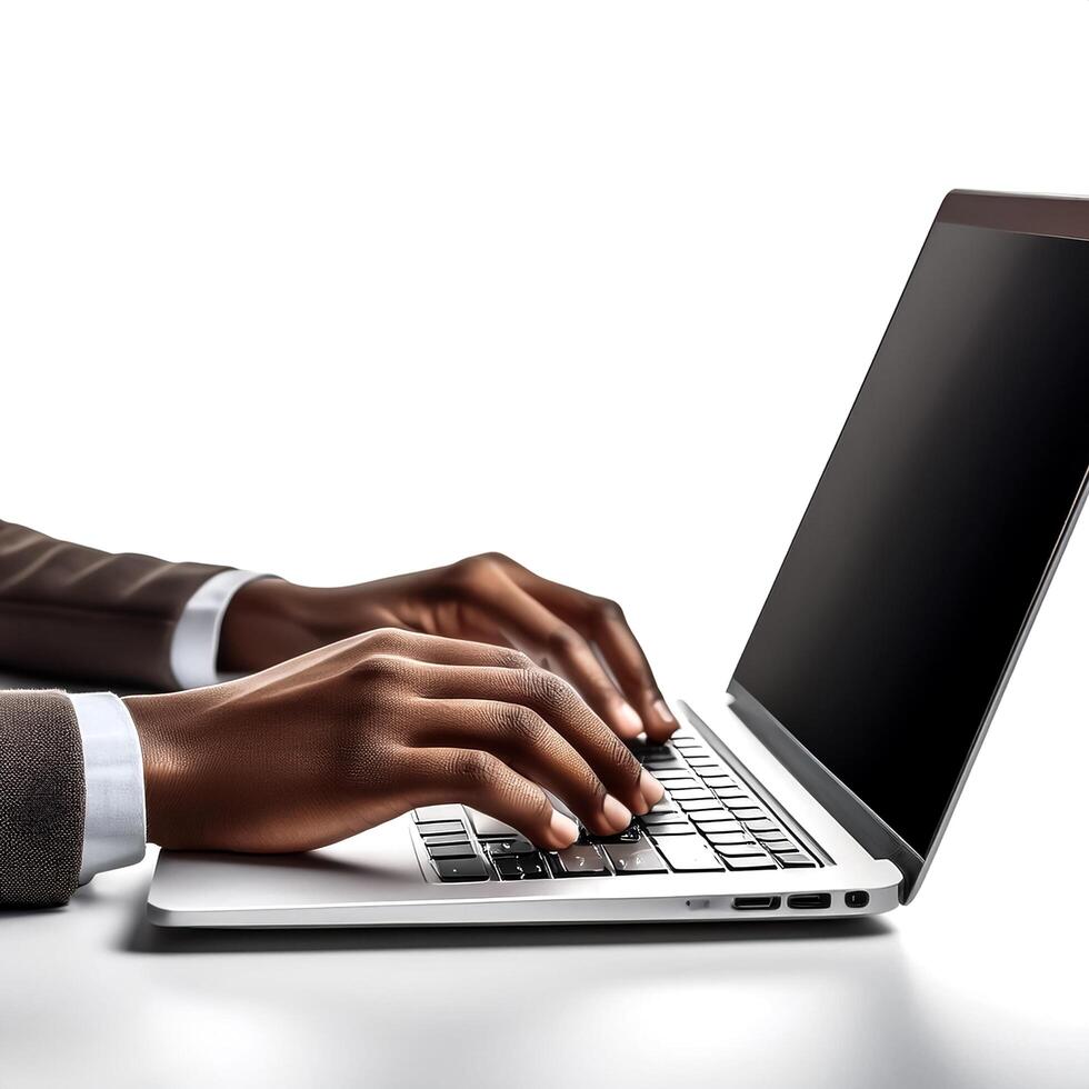 close up casual hand typing on laptop computer isolated on white background photo