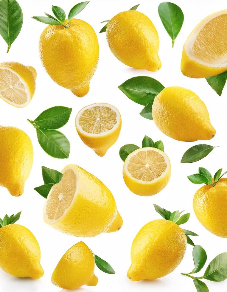 Flying juicy lemon slices with leaves isolated on a white background photo
