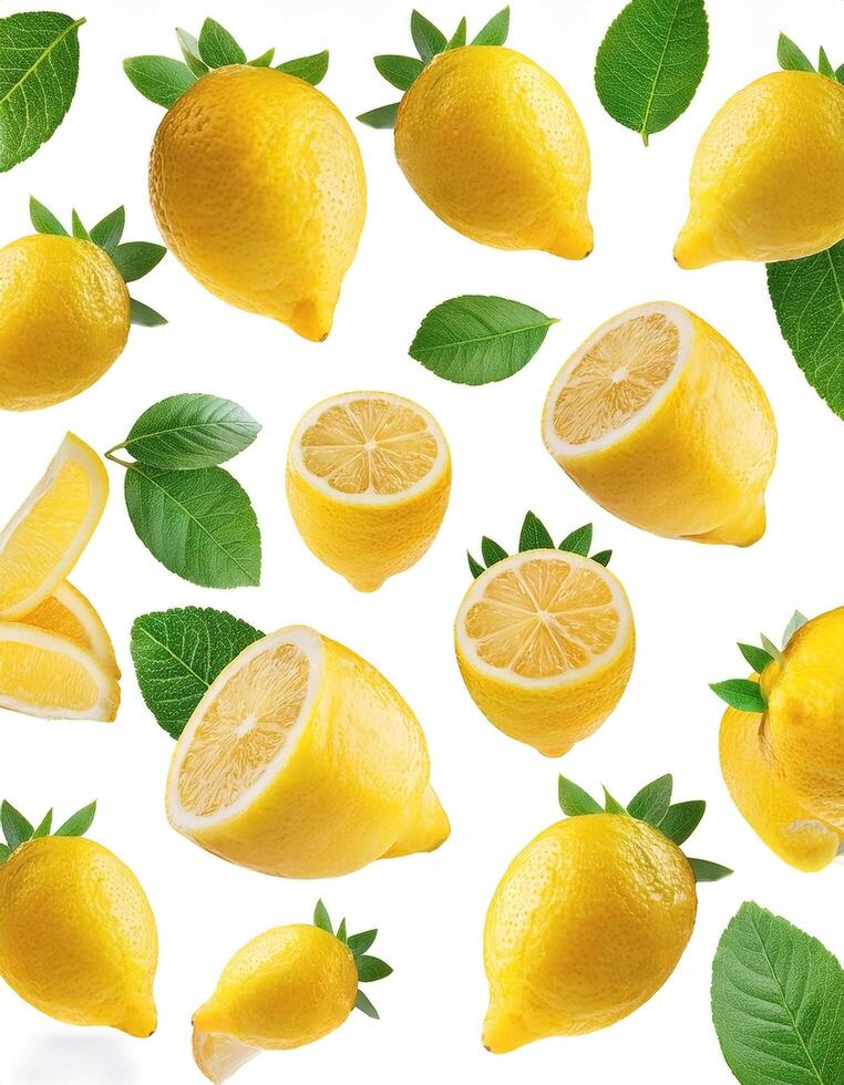 Flying juicy lemon slices with leaves isolated on a white background photo