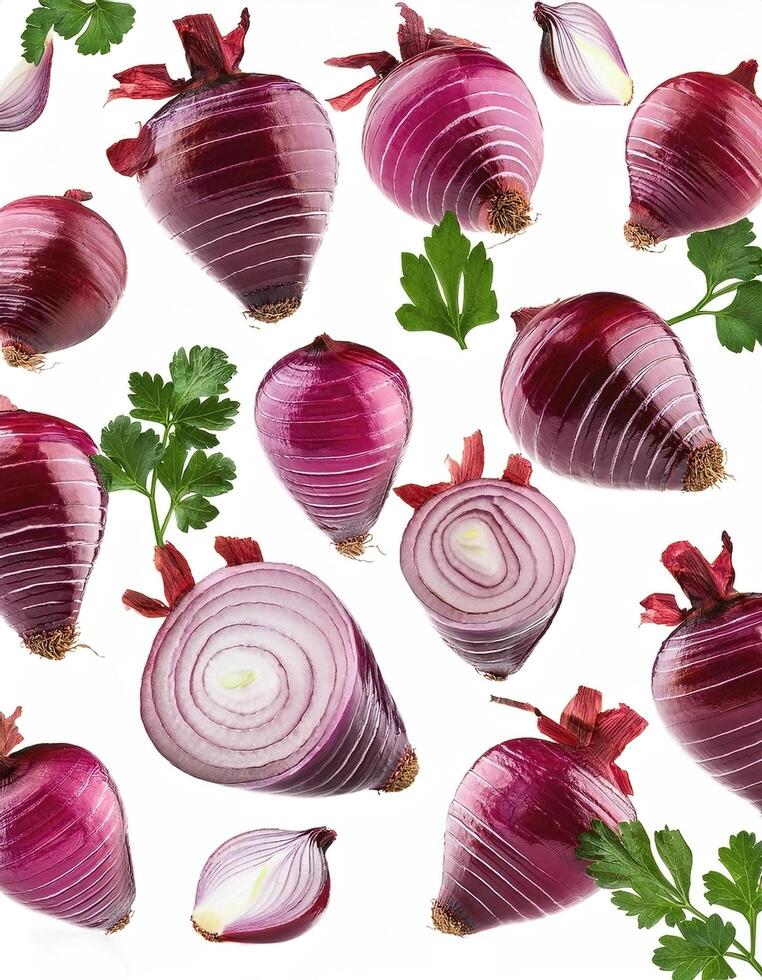 Flying red onion cuts and slices isolated on a white background photo