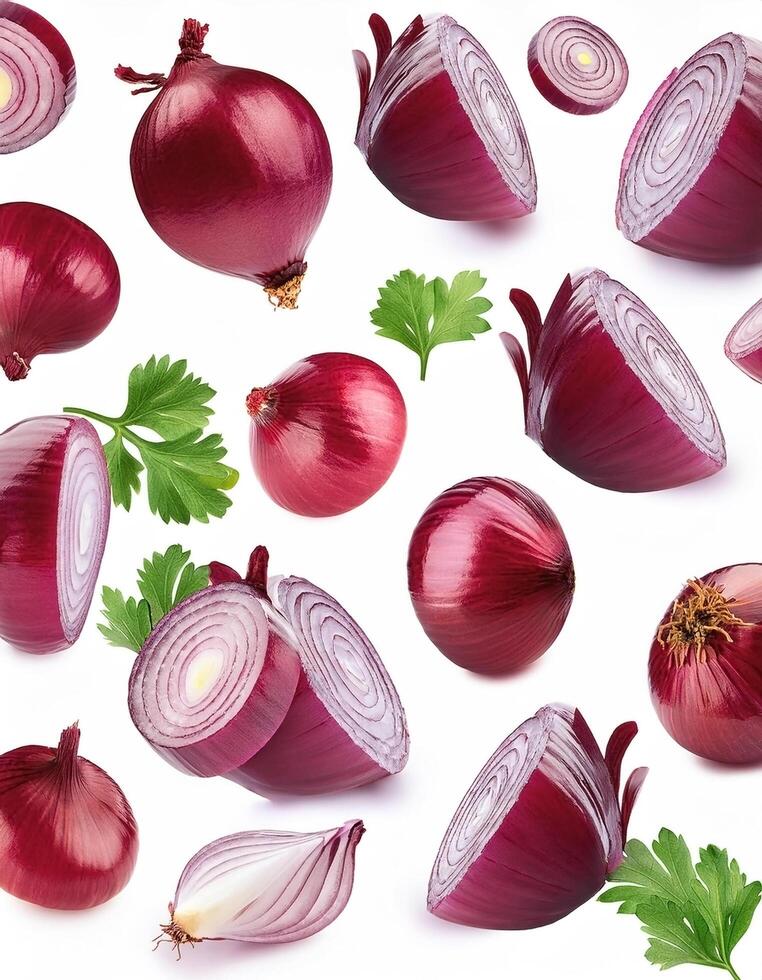 Flying red onion cuts and slices isolated on a white background photo