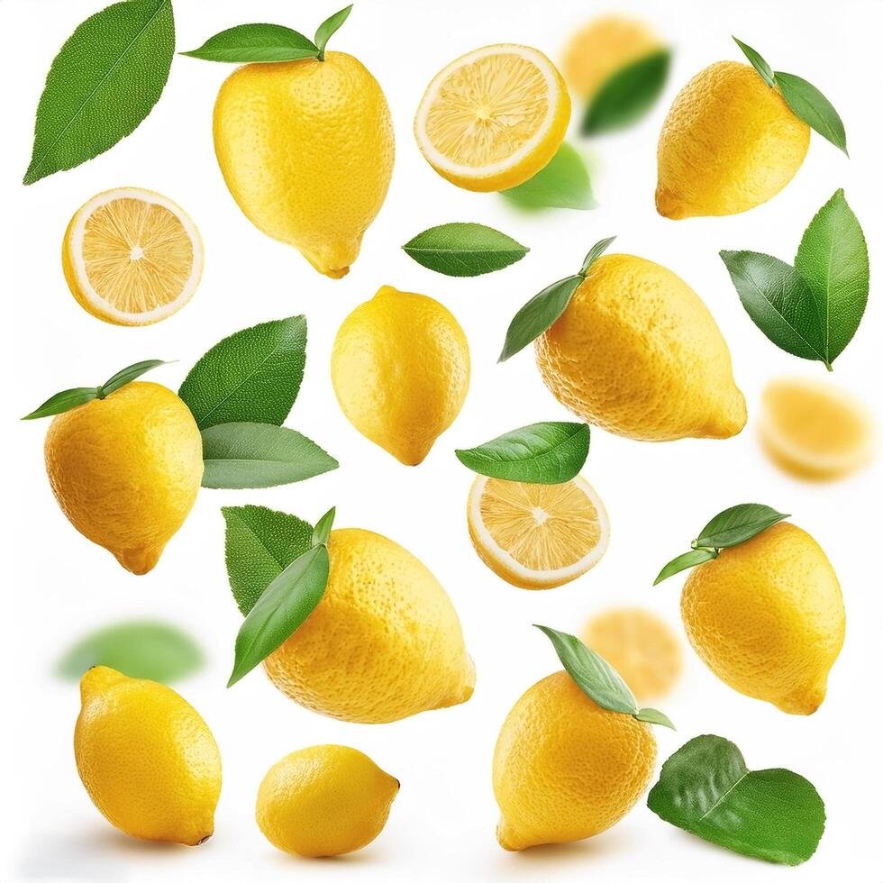 Flying juicy lemon slices with leaves isolated on a white background photo