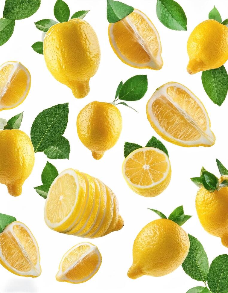 Flying juicy lemon slices with leaves isolated on a white background photo