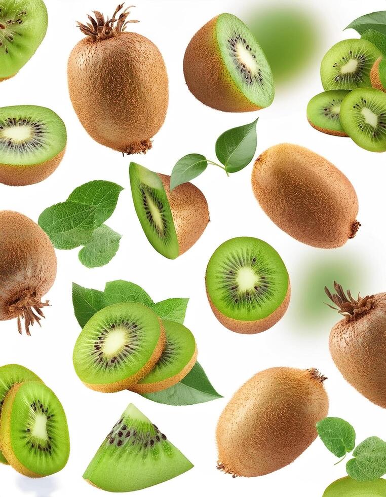 Flying juicy kiwi slices with leaves isolated on a white background photo
