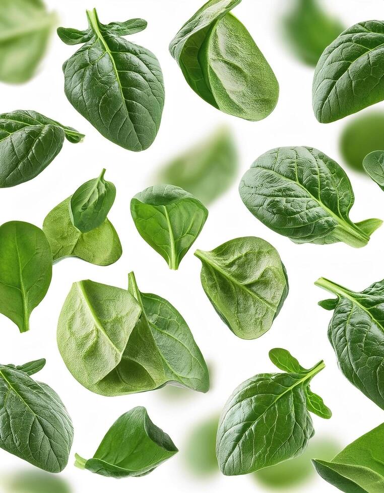 Flying spinach cuts and slices isolated on a white background photo