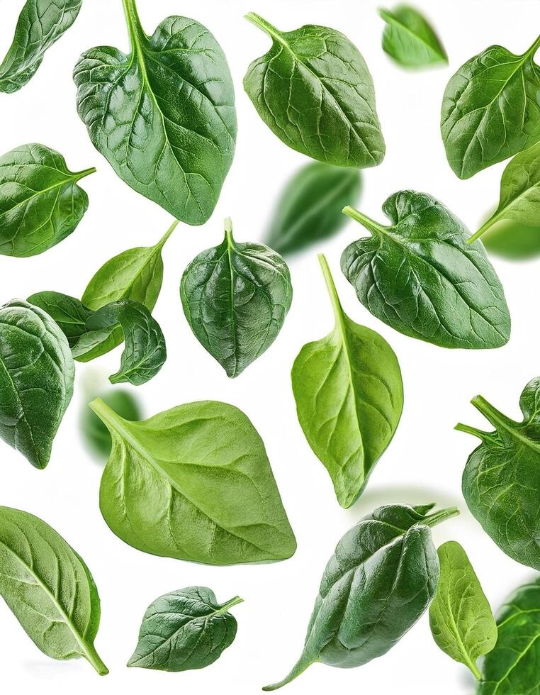 Flying spinach cuts and slices isolated on a white background photo