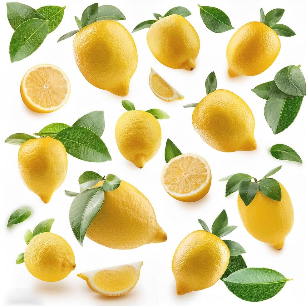 Flying juicy lemon slices with leaves isolated on a white background photo