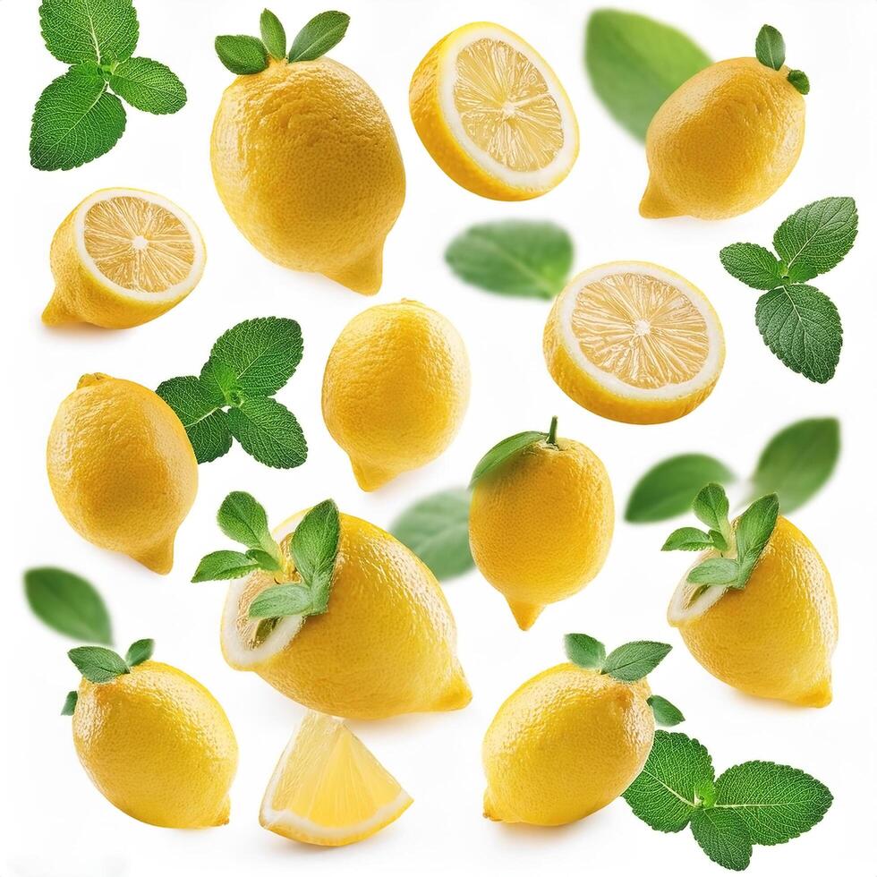Flying juicy lemon slices with leaves isolated on a white background photo