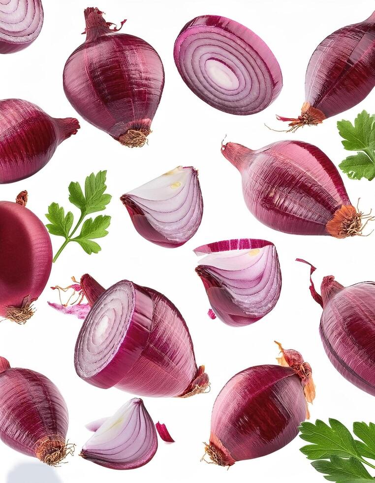 Flying red onion cuts and slices isolated on a white background photo