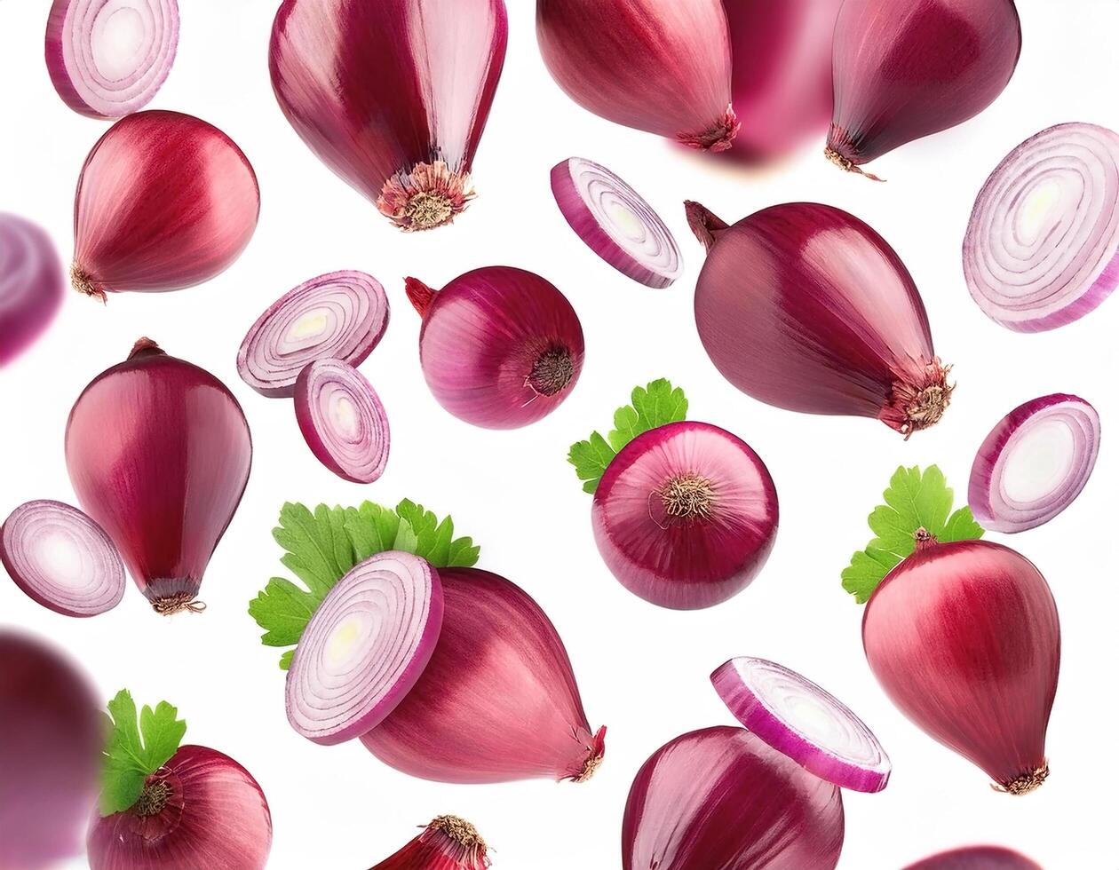 Flying red onion cuts and slices isolated on a white background photo