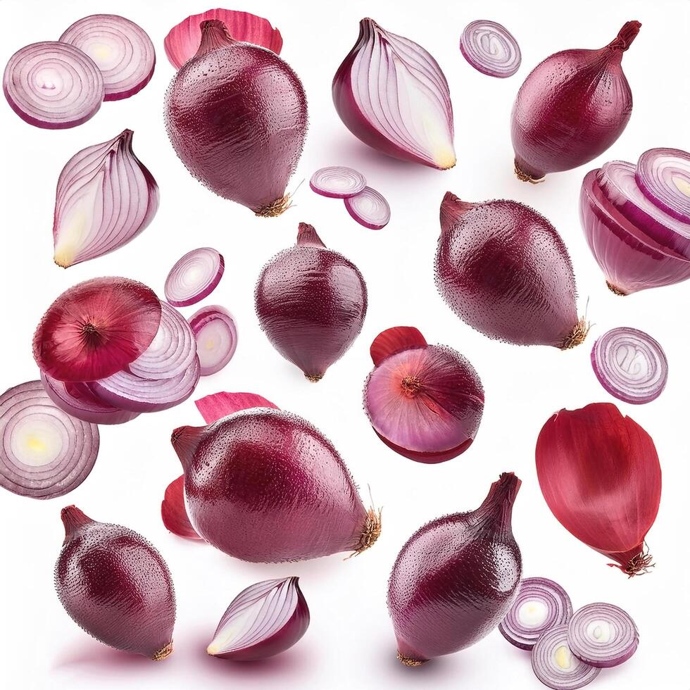 Flying red onion cuts and slices isolated on a white background photo