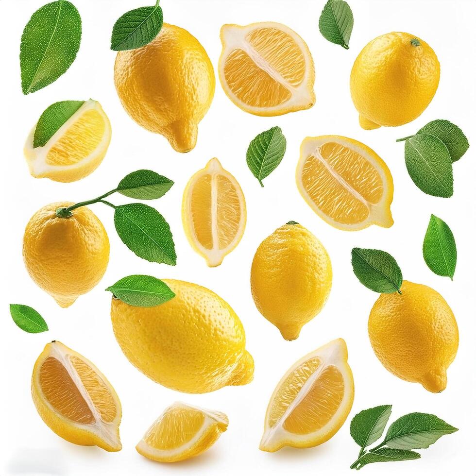 Flying juicy lemon slices with leaves isolated on a white background photo