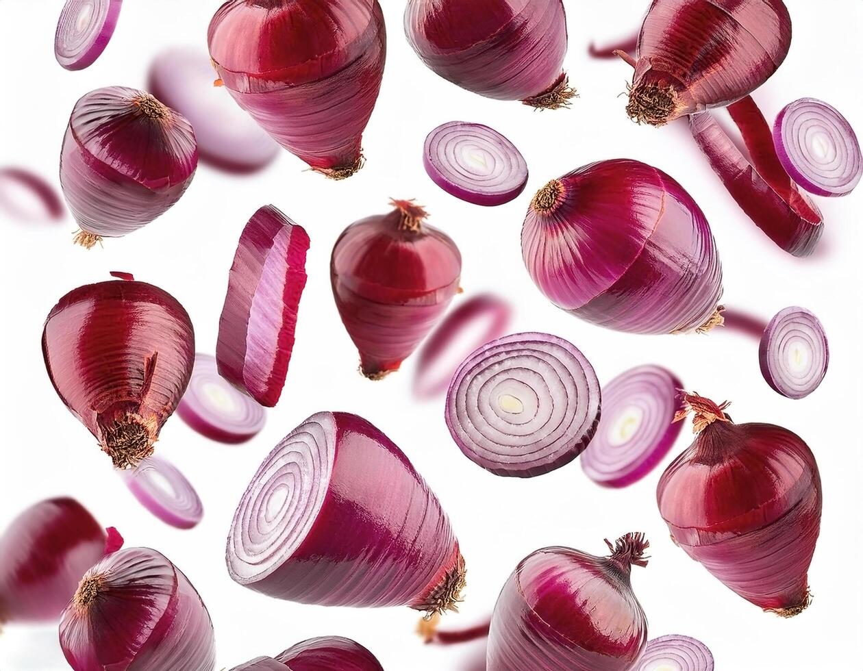 Flying red onion cuts and slices isolated on a white background photo