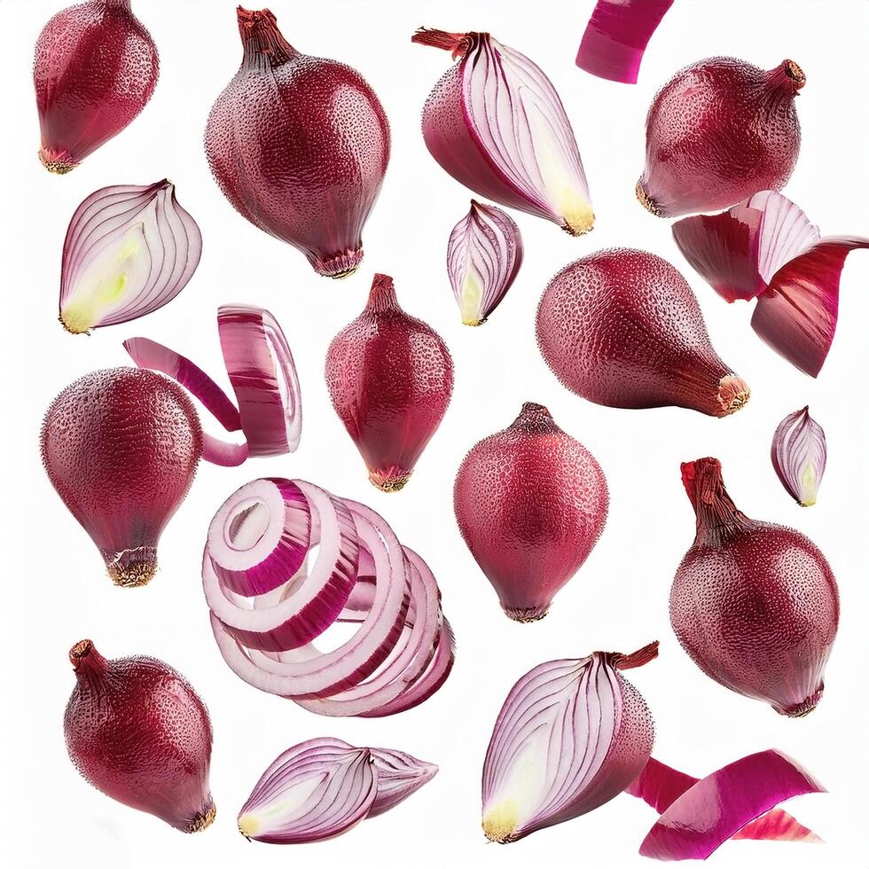 Flying red onion cuts and slices isolated on a white background photo