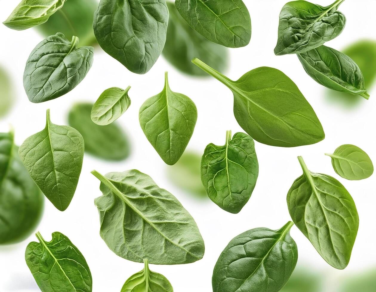 Flying spinach cuts and slices isolated on a white background photo