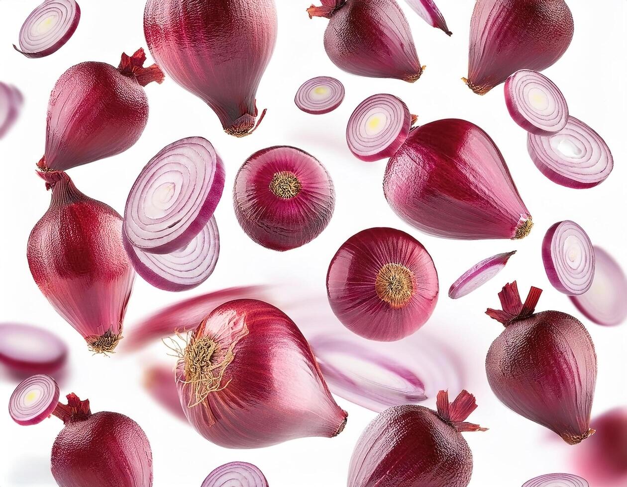 Flying red onion cuts and slices isolated on a white background photo