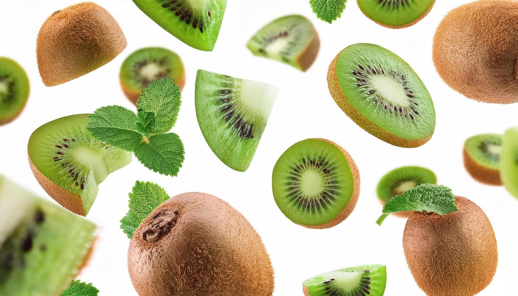 Flying juicy kiwi slices with leaves isolated on a white background photo