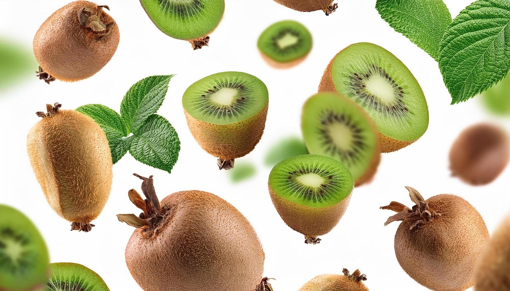 Flying juicy kiwi slices with leaves isolated on a white background photo