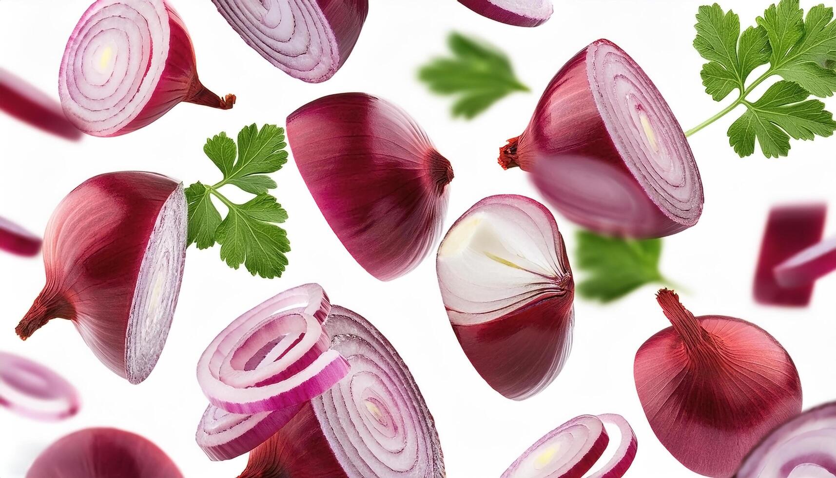 Flying red onion cuts and slices isolated on a white background photo