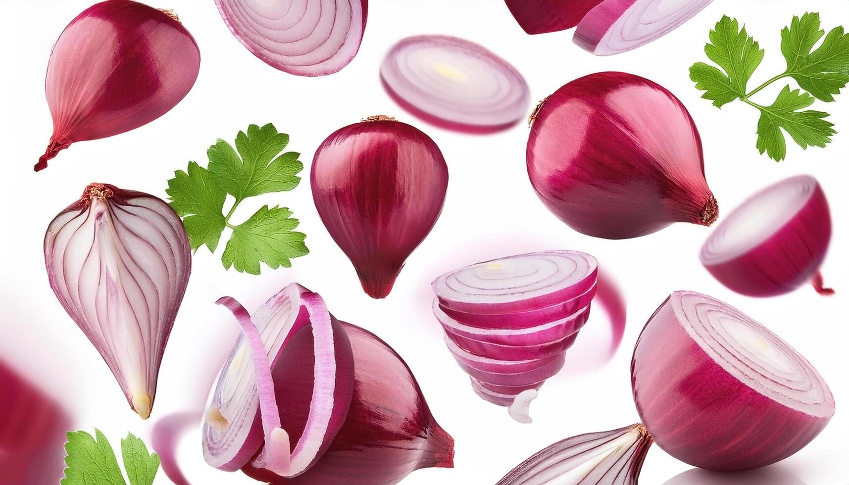 Flying red onion cuts and slices isolated on a white background photo