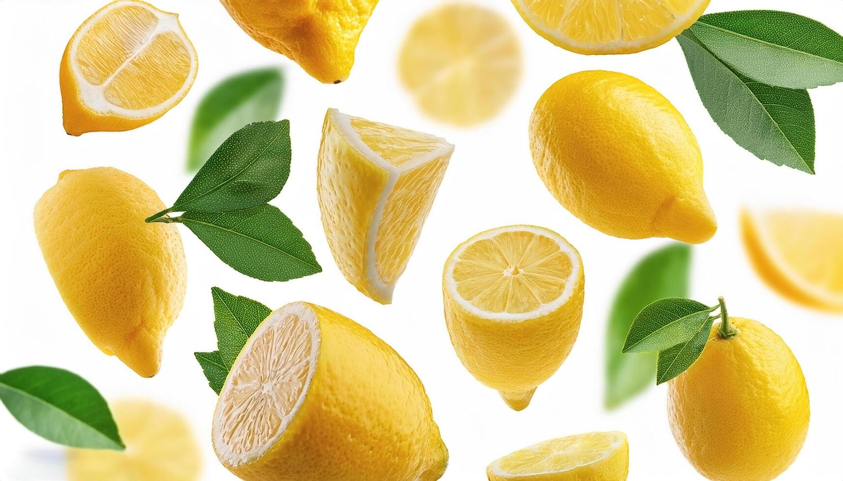 Flying juicy lemon slices with leaves isolated on a white background photo