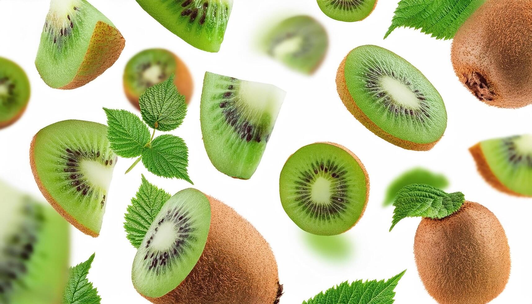 Flying juicy kiwi slices with leaves isolated on a white background photo