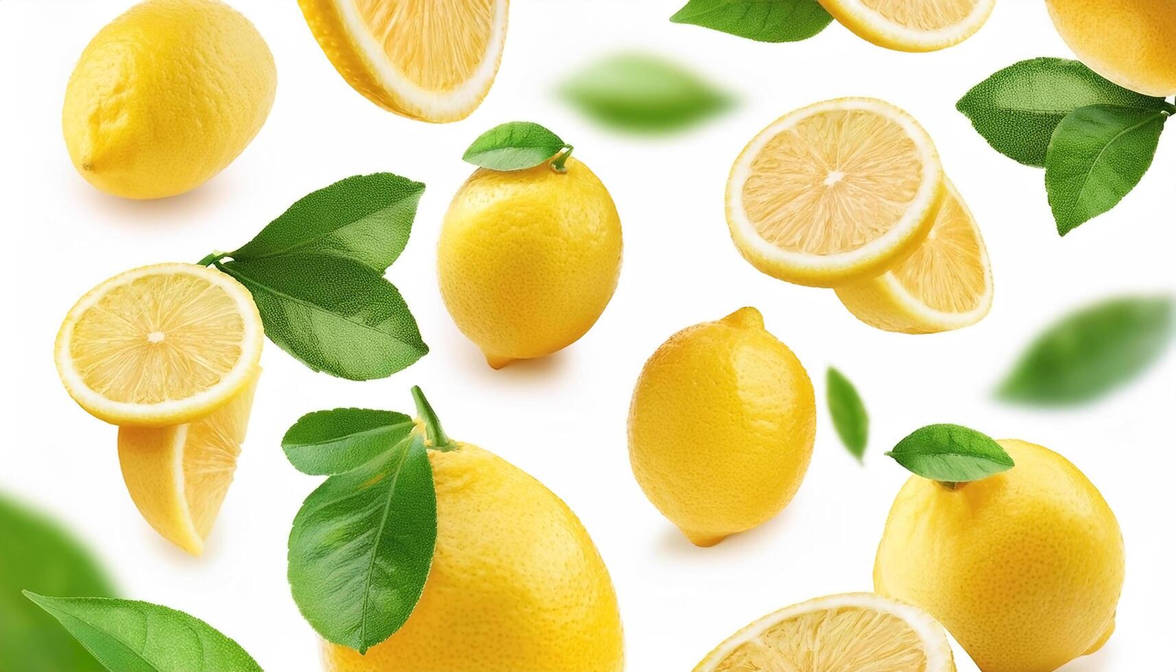 Flying juicy lemon slices with leaves isolated on a white background photo