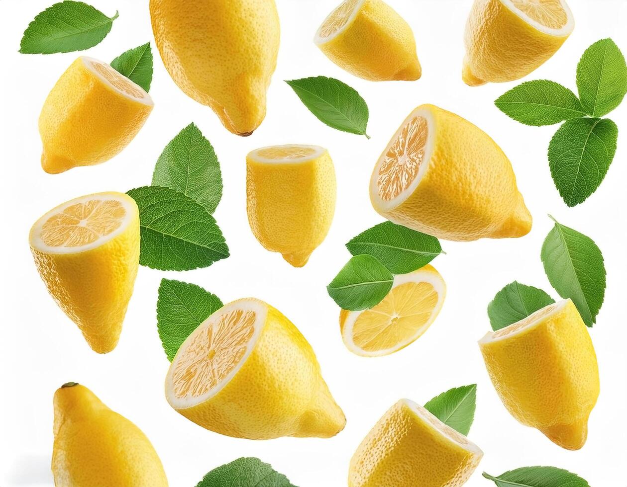 Flying juicy lemon slices with leaves isolated on a white background photo
