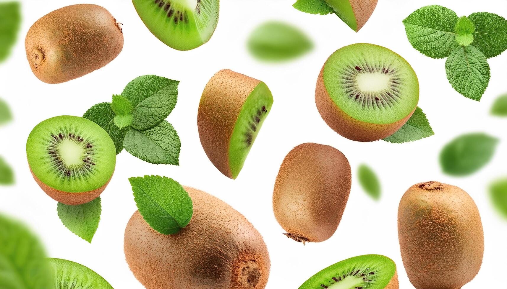 Flying juicy kiwi slices with leaves isolated on a white background photo