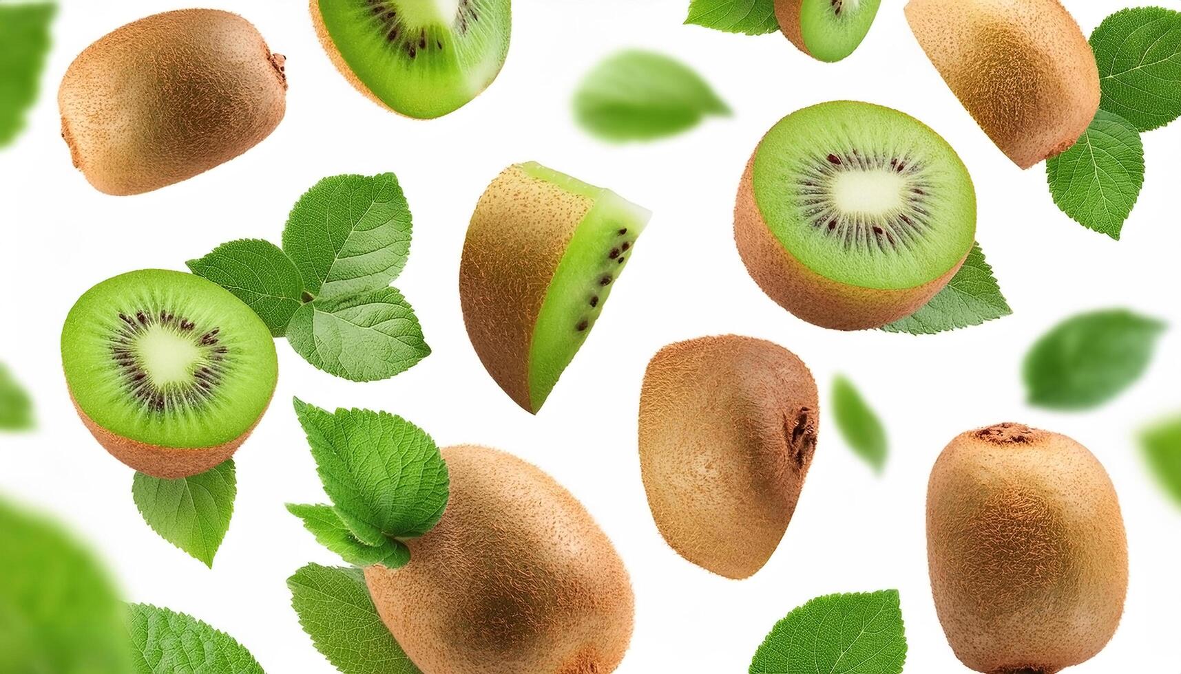 Flying juicy kiwi slices with leaves isolated on a white background photo