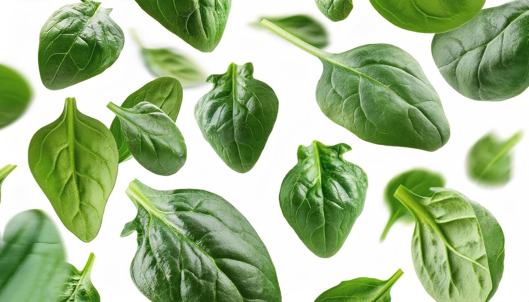 Flying spinach cuts and slices isolated on a white background photo