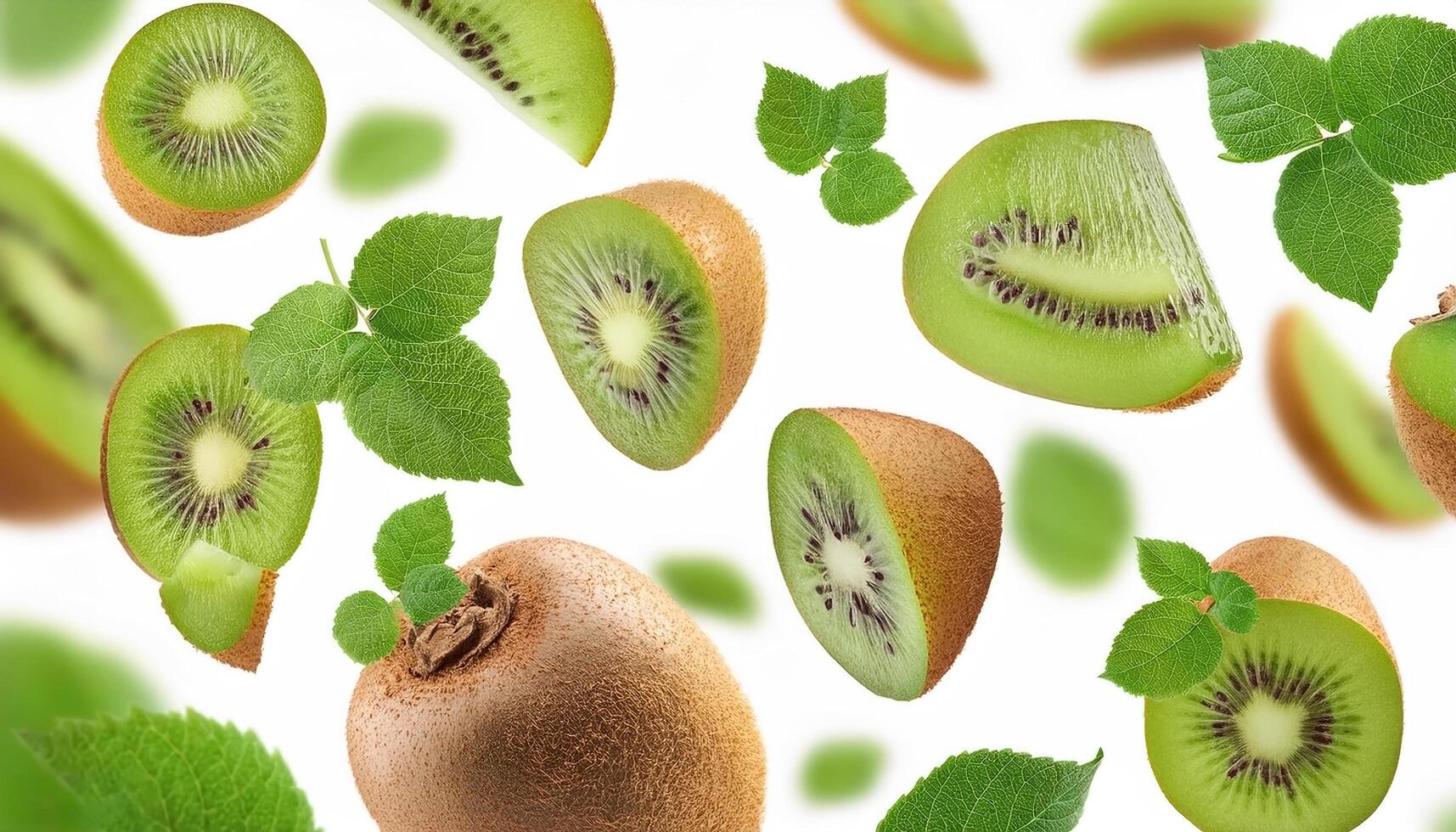 Flying juicy kiwi slices with leaves isolated on a white background photo