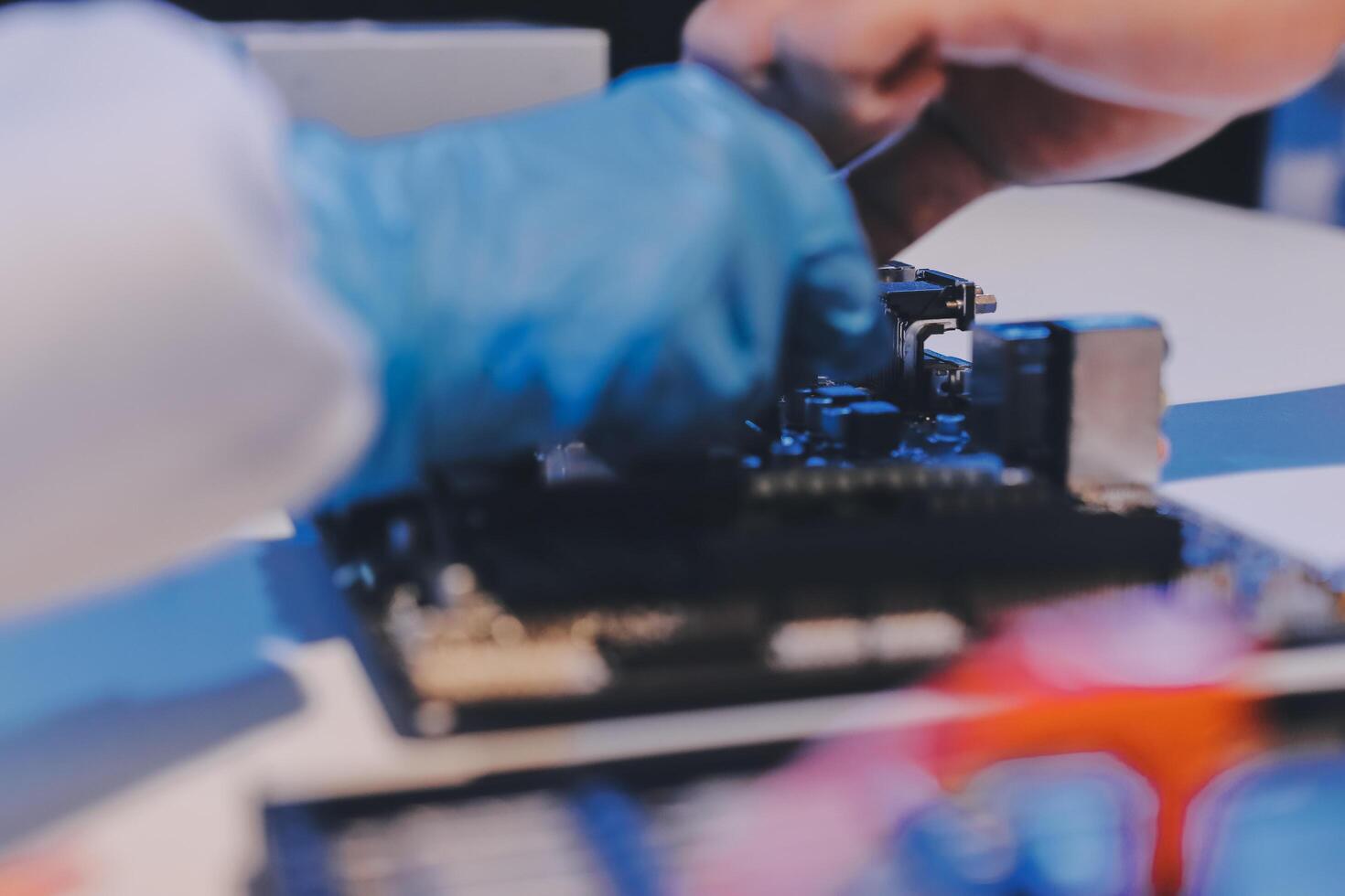 Electronics technician, electronic engineering electronic repair, electronics measuring and testing, repair and maintenance concepts. photo