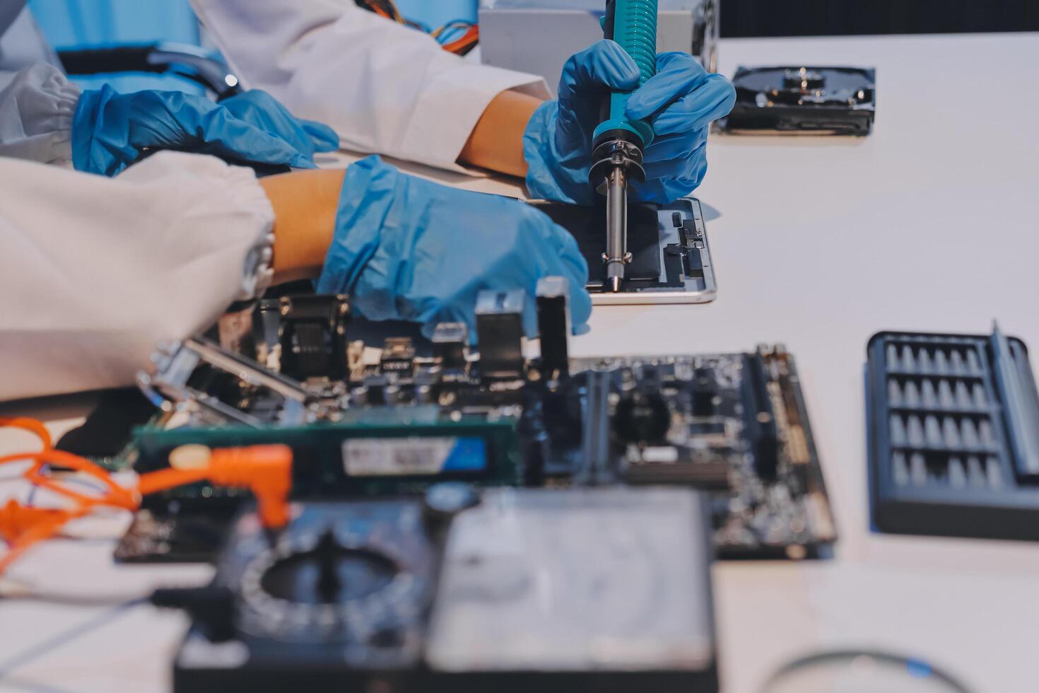 Electronics technician, electronic engineering electronic repair, electronics measuring and testing, repair and maintenance concepts. photo