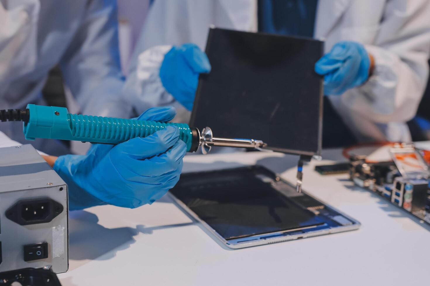 Electronics technician, electronic engineering electronic repair, electronics measuring and testing, repair and maintenance concepts. photo