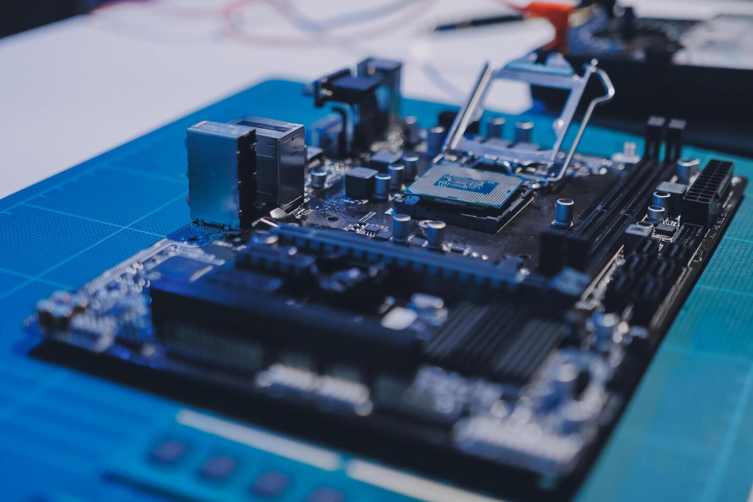 Electronics technician, electronic engineering electronic repair, electronics measuring and testing, repair and maintenance concepts. photo