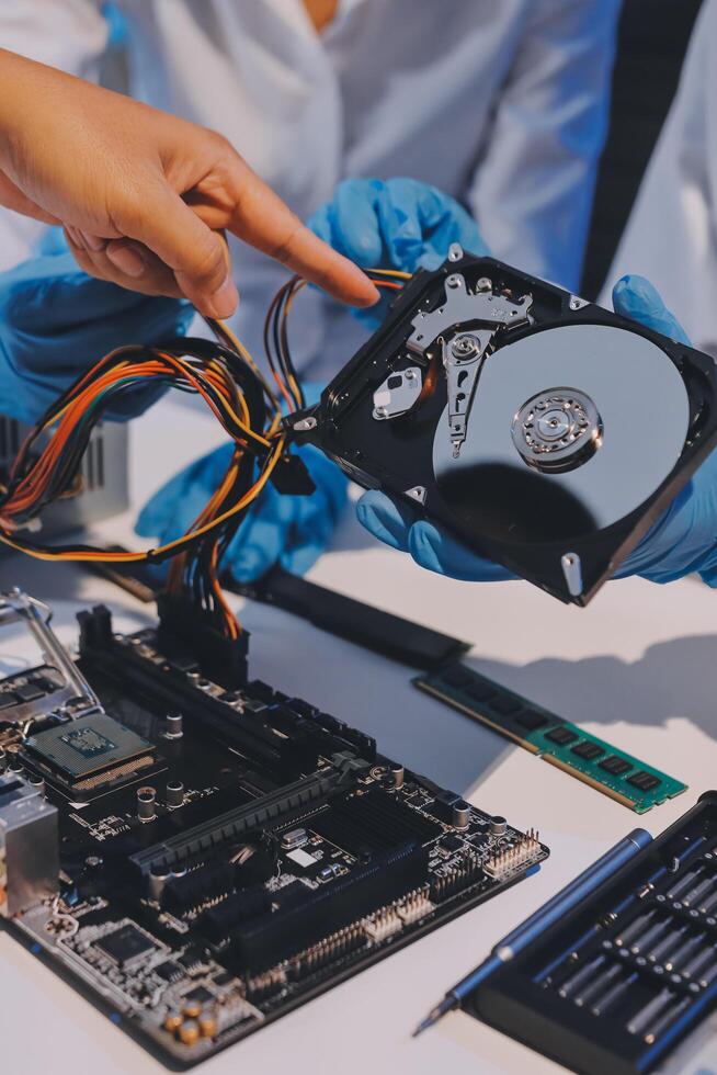 Electronics technician, electronic engineering electronic repair, electronics measuring and testing, repair and maintenance concepts. photo
