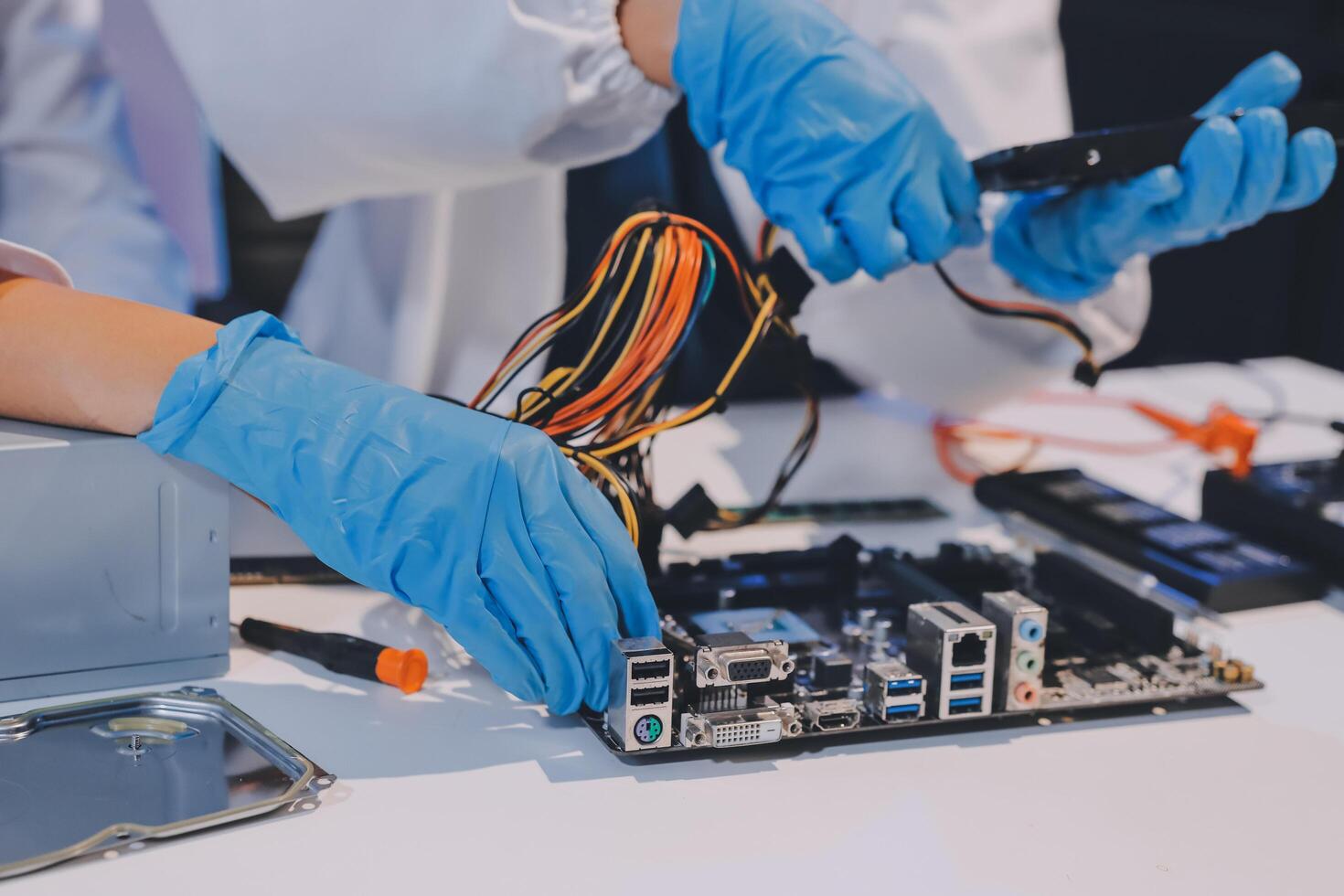 Electronics technician, electronic engineering electronic repair, electronics measuring and testing, repair and maintenance concepts. photo
