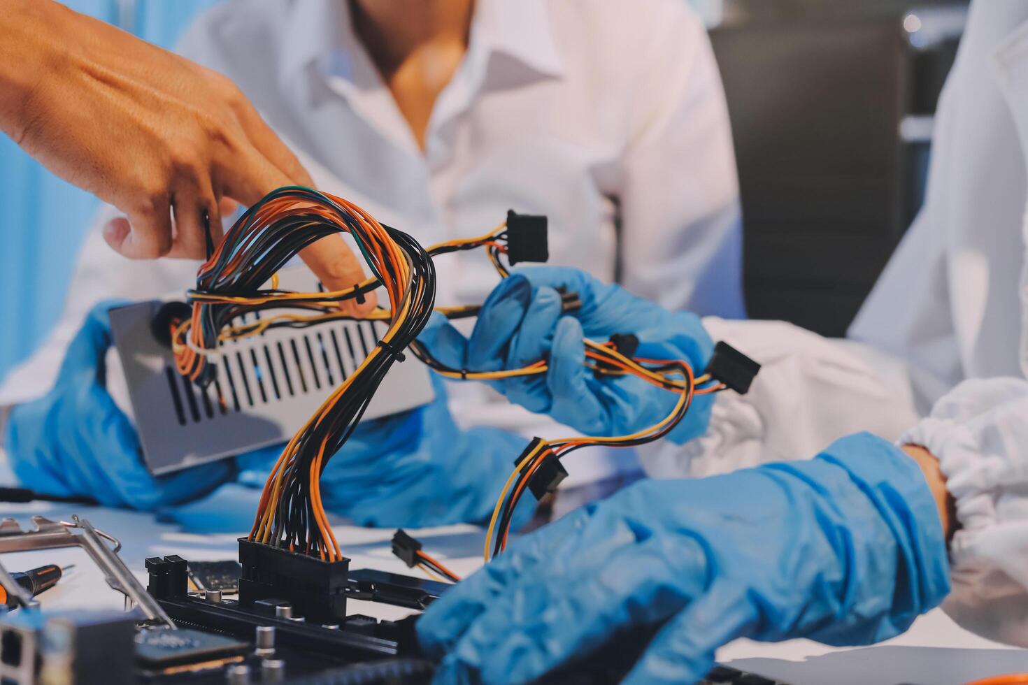 Electronics technician, electronic engineering electronic repair, electronics measuring and testing, repair and maintenance concepts. photo