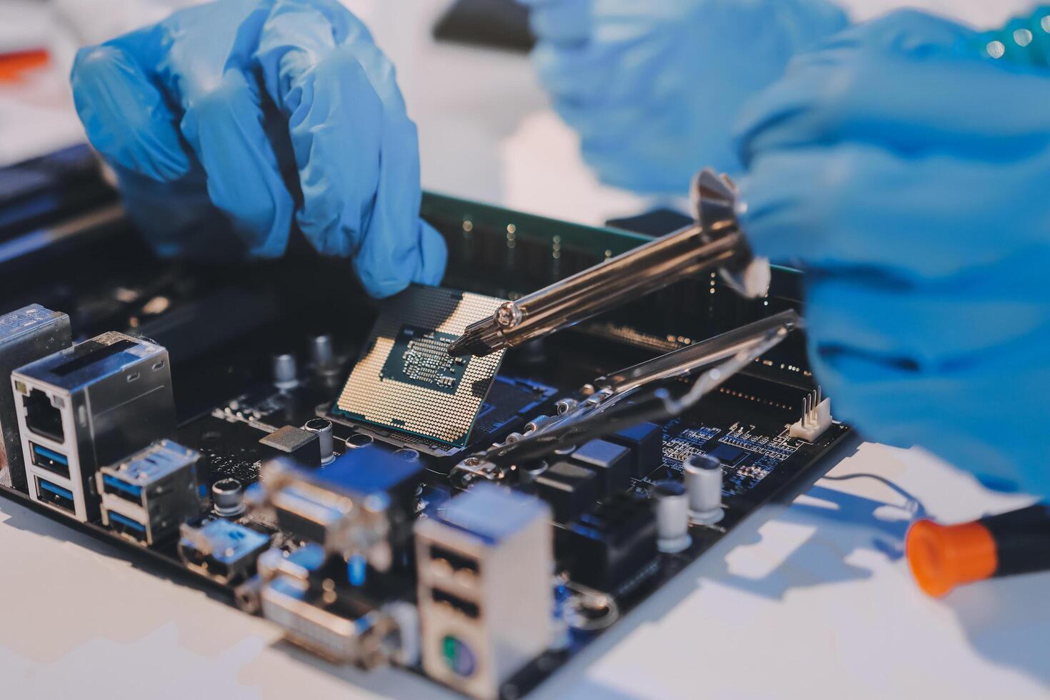 Electronics technician, electronic engineering electronic repair, electronics measuring and testing, repair and maintenance concepts. photo