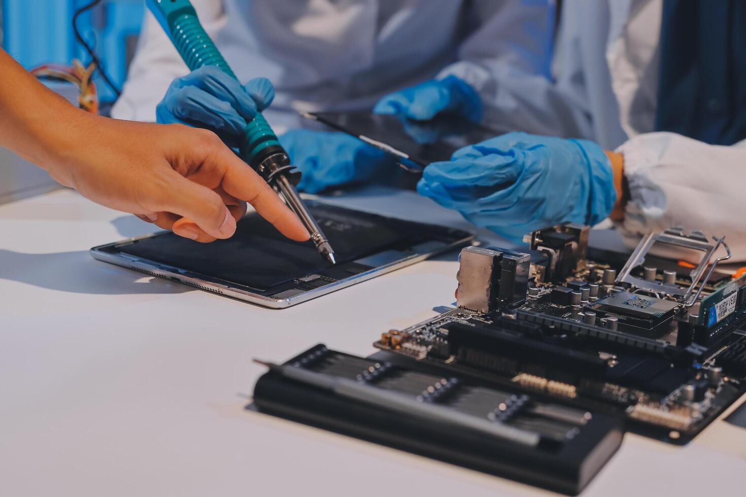 Electronics technician, electronic engineering electronic repair, electronics measuring and testing, repair and maintenance concepts. photo