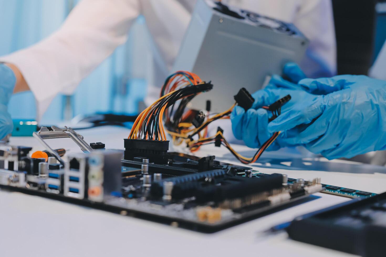 Electronics technician, electronic engineering electronic repair, electronics measuring and testing, repair and maintenance concepts. photo