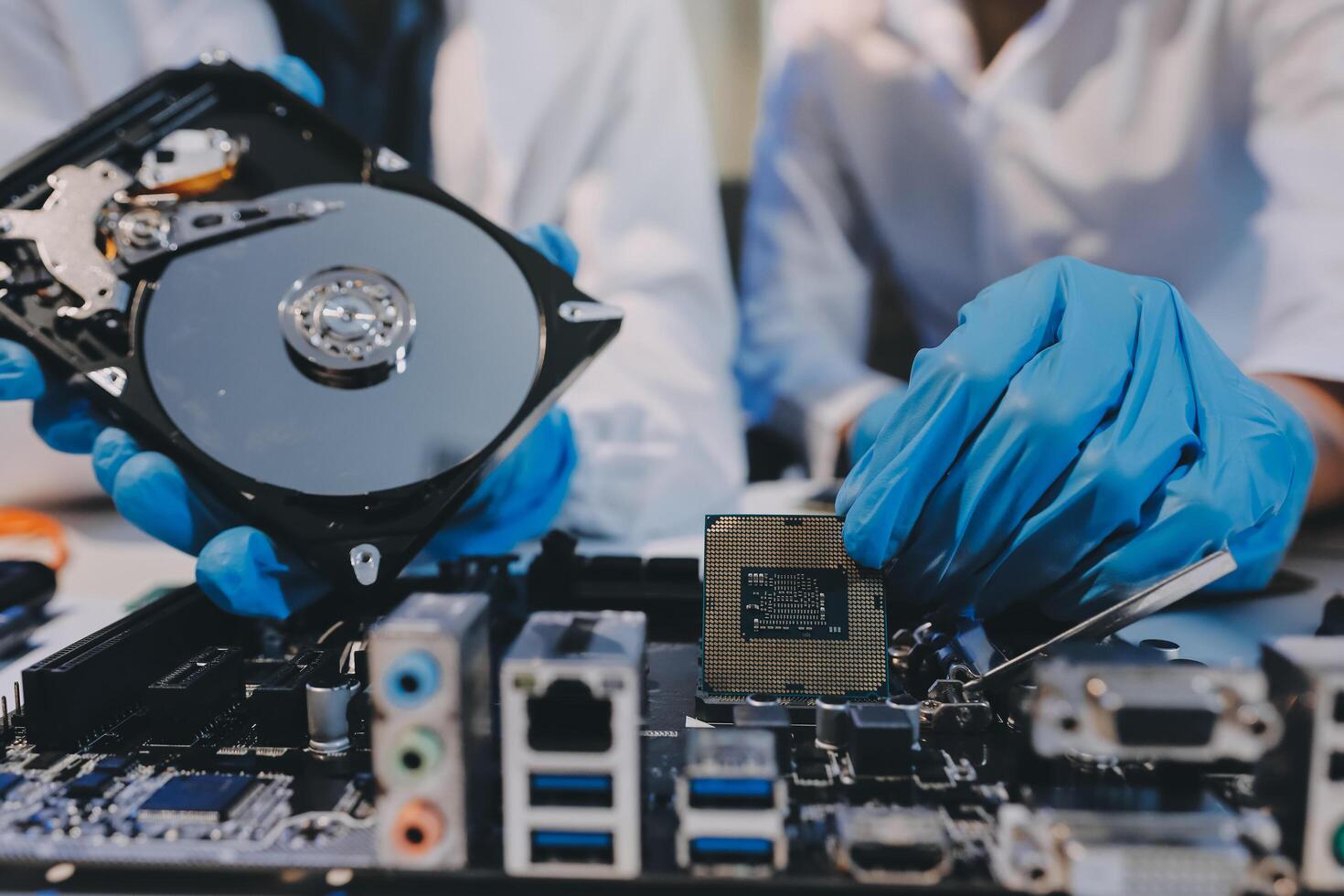 Electronics technician, electronic engineering electronic repair, electronics measuring and testing, repair and maintenance concepts. photo