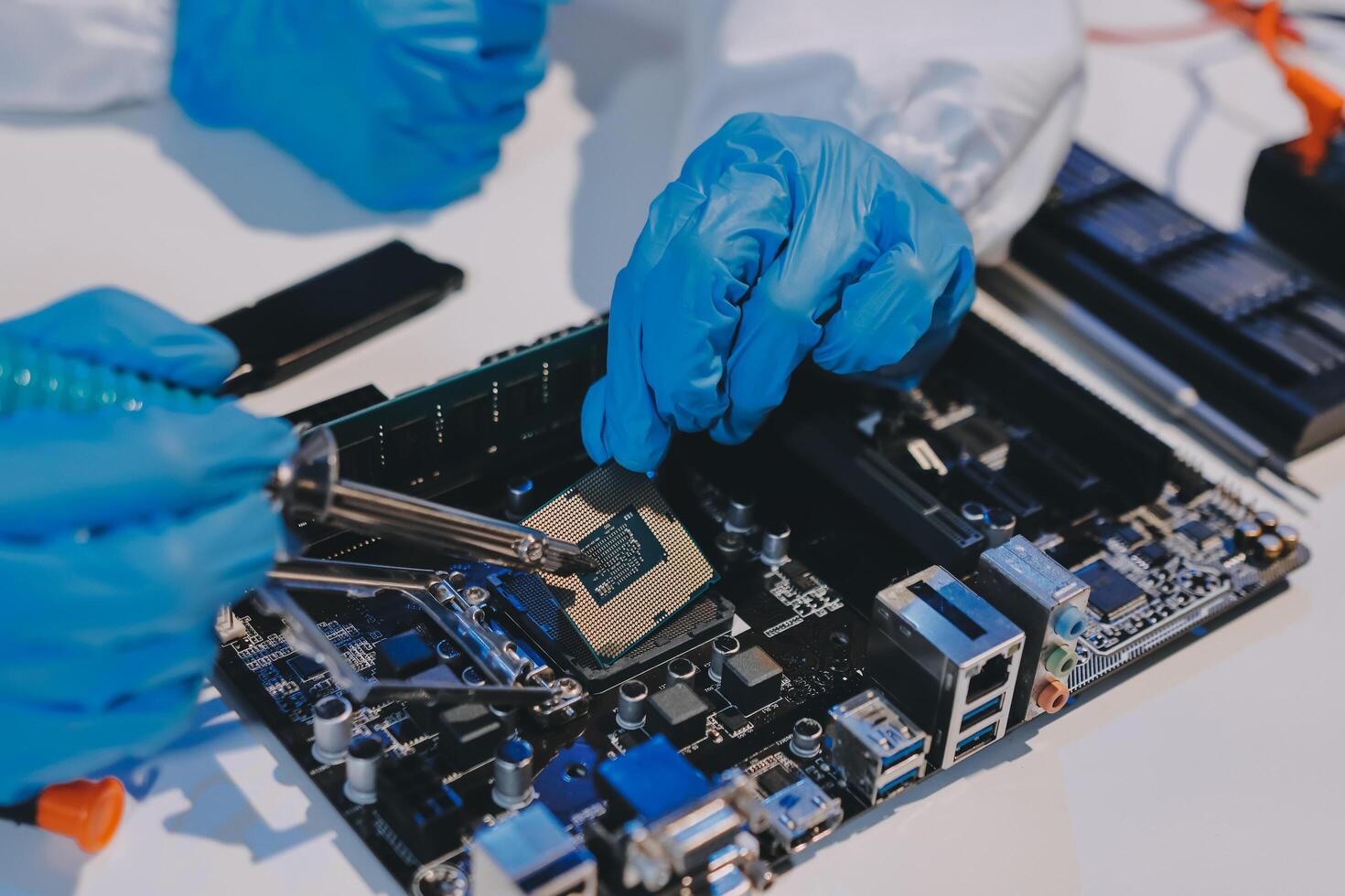 Electronics technician, electronic engineering electronic repair, electronics measuring and testing, repair and maintenance concepts. photo